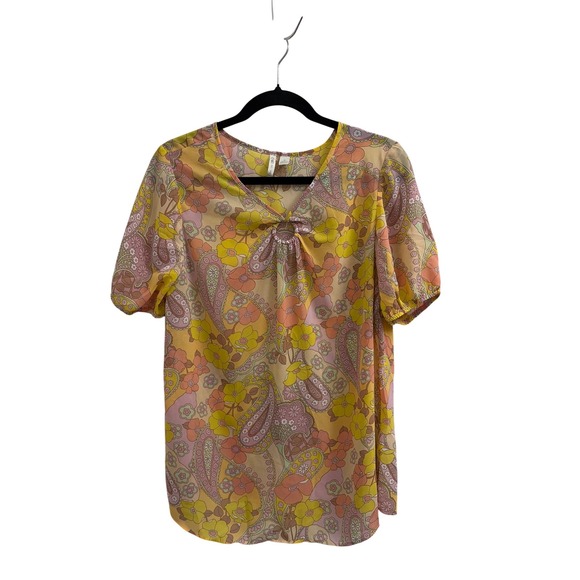 Cato Tops - Cato Womens Retro Floral Paisley V-Neck O-Ring Keyhole Blouse Yellow S